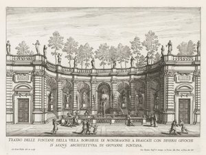 Fontein in de tuinen van de Villa Mondragone te Frascati Mondragonen Villa Borghesen suihkulähteiden teatteri Frascatissa (...) (otsikko esineessä) Frascati-huviloiden suihkulähteet (sarjan nimi) Fonteinen van Frascati (sarjan nimi) tekijältä Giovanni Battista Falda