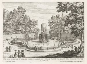 Fontein in de tuinen van de Villa Torlonia te Frascati Ylempi suihkulähde portaiden yläosassa ja vesiputous teatterin yläpuolella (...) (otsikko esineessä) Frascati-huviloiden suihkulähteet (sarjan nimi) Fonteinen van Frascati (sarjan nimi) tekijältä Giovanni Battista Falda
