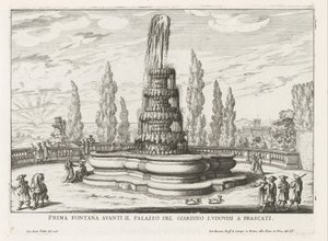Fontein in de tuinen van de Villa Torlonia te Frascati Ensimmäinen suihkulähde Palazzo del Giardino Ludovisin edessä Frascatissa (otsikko esineessä) Frascati-huviloiden suihkulähteet (sarjan nimi) Fonteinen van Frascati (sarjan nimi) tekijältä Giovanni Battista Falda