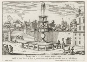 Suihkulähde Vatikaanissa Fontana nel Palazzo Vaticano (otsikko esineessä) Fontane di Roma (sarjan nimi) Fountains of Rome (sarjan nimi) tekijältä Giovanni Battista Falda