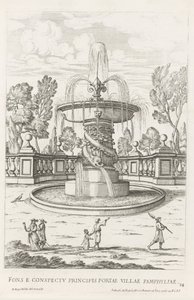 Fontein tapasi dolfijnen Villa Doria Pamphilj te Roomassa Suihkulähde Pamfylian kaupungin prinssin portin edessä (otsikko esineessä) Le fontane ne palazzi e ne giardini di Roma (sarjan nimi) Fonteinen in de paleizen en tuinen van Rome (sarjan nimi tekijältä Giovanni Battista Falda