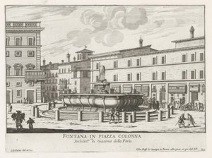Fontein op Piazza Colonna te Roomassa Suihkulähde Piazza Colonnalla (otsikko esineessä) Fountains of Rome (sarjan nimi) Fonteinen van Rome (sarjan nimi) tekijältä Giovanni Battista Falda