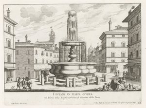 Fontein op Piazza Giudia te Rome Suihkulähde Piazza Giudealla (otsikko esineessä) Fountains of Rome (sarjan nimi) Fonteinen van Rome (sarjan nimi) tekijältä Giovanni Battista Falda