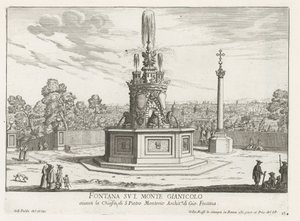 Fontein op Piazza San Pietro in Montorio op de Janiculumberg te Rome Suihkulähde Gianicolo-vuorella (otsikko esineessä) Fountains of Rome (sarjan nimi) Fonteinen van Rome (sarjan nimi) tekijältä Giovanni Battista Falda