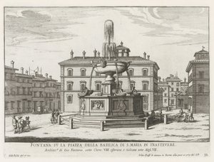 Fontein op Piazza Santa Maria Trasteveressa Suihkulähde S. Marian basilikan aukiolla Trasteveressa (otsikko esineessä) Fountains of Rome (sarjan nimi) Fonteinen van Rome (sarjan nimi) tekijältä Giovanni Battista Falda