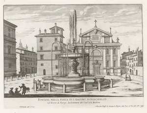 Fontein op Piazza Scossacavalli Roomassa Suihkulähde Piazza di S. Giacomo Scossacavallossa (otsikko esineessä) Fountains of Rome (sarjan nimi) Fonteinen van Rome (sarjan nimi) tekijältä Giovanni Battista Falda