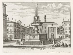 Fontein Piazza della Madonna dei Monti te Roomassa Suihkulähde Piazza della Mad.a de Montilla (otsikko esineessä) Fountains of Rome (sarjan nimi) Fonteinen van Rome (sarjan nimi) tekijältä Giovanni Battista Falda