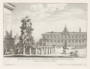 Fontein op Piazza di San Giovanni Laterano te Roomassa Suihkulähde Piazza di S. Giovanni Lateranolla tornin alla (otsikko esineessä) Fountains of Rome (sarjan nimi) Fonteinen van Rome (sarjan nimi) tekijältä Giovanni Battista Falda