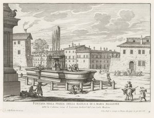 Fontein op Piazza di Santa Maria Maggiore te Roomassa Suihkulähde S. Maria Maggioren basilikan aukiolla (otsikko esineessä) Fountains of Rome (sarjan nimi) Fonteinen van Rome (sarjan nimi) tekijältä Giovanni Battista Falda