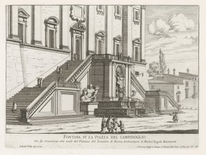 Suihkulähde Palazzo Senatorion edessä Capitolissa Roomassa Fontana su la Piazza del Campidoglio (otsikko esineessä) Fontane di Roma (sarjan nimi) Fountains of Rome (sarjan nimi) tekijältä Giovanni Battista Falda