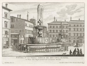 Fonteinen op Piazza Farnese te Rome Fontana su la Piazza Farnese del ser.mo s.r Duca di Parma (title on object) Fontane di Roma (series title) Fonteinen van Rome (series title) tekijältä Giovanni Battista Falda