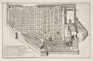 Paavin puutarha ja Quirinalen palatsi, Il Nuovo Teatro della Fabriche et Buildings in Perspective of Modern Rome, julkaistu n. 1665-69 (katso myös 172928) tekijältä Giovanni Battista Falda