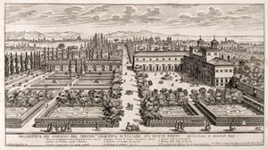 Perspektiivi Villa Medicin puutarhaan Roomassa, Giovanni Battista Faldan (1640 tai 1643-1678) kaiverrus Li Giardnista (Puutarhat)