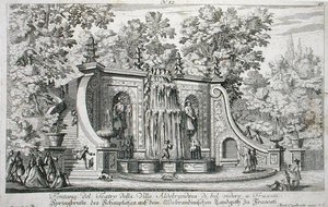 Teatterin suihkulähde Villa Aldobrandinassa, Frascati, n. 1675, Le Fontanesta, julkaistu ennen vuotta 1687 (kaiverrus) tekijältä Giovanni Battista Falda