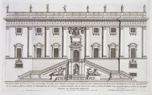 Näkymä Palazzo Senatorion julkisivusta Piazza del Campidogliossa, Roomassa, jonka aloitti Michelangelo Buonarroti (1475-1564) ja viimeisteli Girolamo Rainaldi (1570-1655)