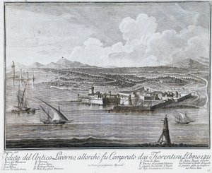 Näkymä Livornon satamasta, kun firenzeläiset ostivat sen vuonna 1421, kaiverrus kokoelmasta Livornon kaupungin ja sataman parhaat näkymät tekijältä Giovanni Battista Guerazzi