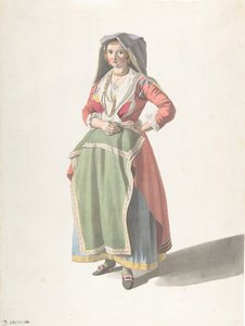 Nuori nainen seisomassa perinteisessä napolilaisessa mekossa, n. 1775-1821.