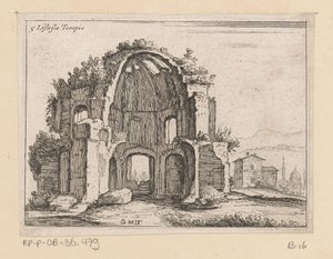 Resten van de Tempel van Minerva Medica in een landschap Listesso Tempio (title on object) Gezichten op Rome (series title) Alcune vedute et prospettive di luoghi dishabitati di Roma (series title) tekijältä Giovanni Battista Mercati