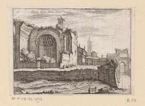 Resten van de Tempel van Venus en Roma te Rome Santa Maria novan takana (otsikko esineessä) Gezichten op Rome (sarjan nimi) Muutamia näkymiä Rooman asumattomista paikoista (sarjan nimi) tekijältä Giovanni Battista Mercati
