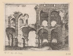 Rooman Colosseumin jäänteet Listesso (otsikko objektissa) Rooman näkymät (sarjan nimi) Alcune vedute et prospettive di luoghi dishabitati di Roma (sarjan nimi) tekijältä Giovanni Battista Mercati