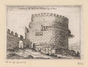 Tombe van Caecilia Metella Roomassa Sepulcrum M. Mallorum nimeltään Cape of Boue (otsikko esineessä) Gezichten op Rome (sarjan nimi) Joitakin näkymiä Rooman asumattomista paikoista (sarjan nimi) tekijältä Giovanni Battista Mercati