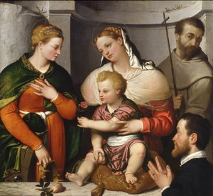 Madonna ja lapsi Pyhän Katariinan, Pyhän Franciscuksen ja lahjoittajan kanssa, n. 1550 (öljy kankaalle) tekijältä Giovanni Battista Moroni