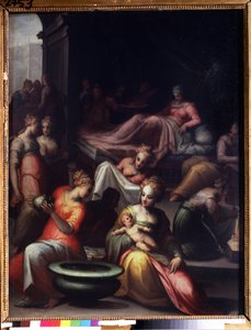 Pyhän Johannes Kastajan syntymä (Johannes Kastajan syntymä). Giovanni Battista Naldinin (1537-1591) maalaus. Öljy kankaalle. Aurinko: 89 x 74 cm. Firenzen manierismin taidetta. Pushkin-museo, Moskova.