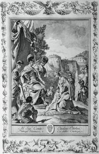 Armida Goffredon edessä, kaiverrus, Giovanni Battista Piazzetta (1683-1754) Canto III of Jerusalem Toimitettu, Torquato Tasso (1544-1595), julkaisija Giovanni Battista Albrizzi, Venetsia, Italia tekijältä Giovanni Battista Piazzetta