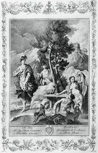 Carlo ja Ubaldo in Happy Islands, kaiverrus, Giovanni Battista Piazzetta (1683-1754) Canto XV of Jerusalem Toimitus, Torquato Tasso (1544-1595), Giovanni Battista Albrizzi painos, Venetsia, Italia tekijältä Giovanni Battista Piazzetta