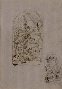 Luonnoksia alttaria varten, jossa on Cortonan pyhä Margareta, pyhä Sebastian ja pyhä Roch (etusivu); kaksi luonnosta alttaria varten (kääntöpuoli). tekijältä Giovanni Battista Piazzetta