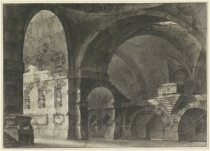 Suuren antiikkirakennuksen sisätilat tynnyriholveilla ja kupolirakenteella tekijältä Giovanni Battista Piranesi (attributed to)