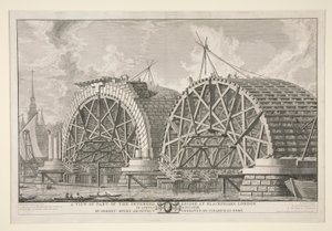 Näkymä osasta suunnitellusta sillasta Blackfriarsissä Lontoossa elokuussa MDCCLXIIII, arkkitehti Robert Mylne, kaivertanut Piranesi Roomassa tekijältä Giovanni-Battista Piranesi