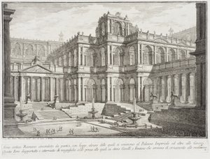 Pylväskäytävien ympäröimä antiikin forum tekijältä Giovanni Battista Piranesi