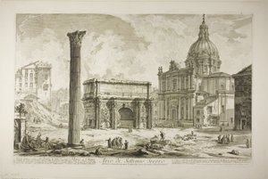 Septimius Severuksen kaari, jonka läpi kulki muinaisen pyhän tien, joka toi voittajat Capitolille Rooman näkymistä tekijältä Giovanni Battista Piranesi