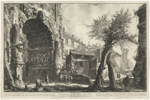 Boog van Titus te Roomassa Näkymä Tituksen kaaresta (otsikko esineessä) Gezichten op Rome (sarjan nimi) Näkymät Roomaan suunnitellut ja kaivertanut Giambattista Piranesi arkkitehti Ve (nez) iano (sarjan nimi) tekijältä Giovanni-Battista Piranesi