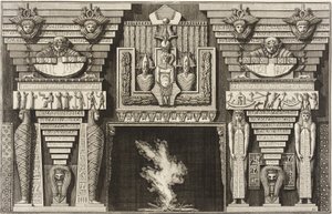 Egyptiläistyylinen takanreunus: vasemmalla kaksi muumiota sivukuvassa ja oikealla kaksi obeliskeja kantavaa hahmoa. tekijältä Giovanni Battista Piranesi