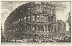 Rooman Colosseum Näkymä Flaviuksen amfiteatterille, joka tunnetaan nimellä Colosseum (otsikko esineessä) Gezichten op Rome (sarjan nimi) Näkymät Roomaan suunnitellut ja kaivertanut Giambattista Piranesi arkkitehti Ve (nez) iano (sarjan nimi) tekijältä Giovanni-Battista Piranesi