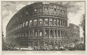 Rooman Colosseum Näkymä Flaviuksen amfiteatterille, joka tunnetaan nimellä Colosseum (otsikko esineessä) Gezichten op Rome (sarjan nimi) Näkymät Roomaan suunnitellut ja kaivertanut Giambattista Piranesi arkkitehti Ve (nez) iano (sarjan nimi) tekijältä Giovanni-Battista Piranesi