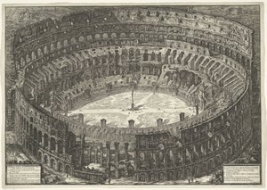 Rooman Colosseum Näkymä Flaviuksen amfiteatterille, joka tunnetaan nimellä Colosseum (otsikko esineessä) Gezichten op Rome (sarjan nimi) Näkymät Roomaan suunnitellut ja kaivertanut Giambattista Piranesi arkkitehti Ve (nez) iano (sarjan nimi) tekijältä Giovanni Battista Piranesi
