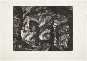 Monimutkaiset ryhmät toisiinsa liittyviä rauniokaareja, jotka tukevat palkkeja ja köysiä tekijältä Giovanni-Battista Piranesi