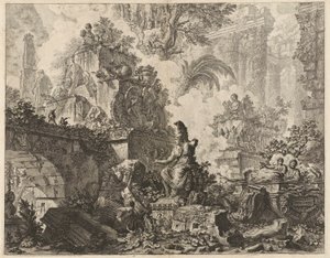 Frontispiece, Fantasy of Ruins ja Minerva-patsas keskellä etualalla, Vedute di Roma (näkymät Roomaan) tekijältä Giovanni-Battista Piranesi