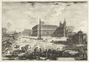 Gezicht op het Lateraan te Rome met de Sint-Jan van Lateranen Näkymä Piazzalle ja S. Giovannin basilikalle Lateranossa (otsikko esineessä) Gezichten op Rome (sarjan nimi) Näkymät Roomaan suunnitellut ja kaivertanut Giambattista Piranesi arkkitehti Ve (nez) tekijältä Giovanni-Battista Piranesi