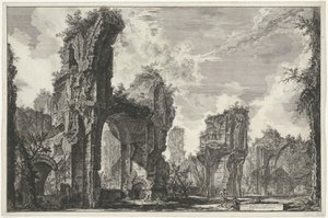 Gezichten op Rome, de Campagna jne. (122 terää) Siston rauniot tai molemmat Antoninian kylpylän suuresta salista (otsikko esineessä) Gezichten op Rome (sarjan nimi) Näkymät Roomaan suunnitellut ja kaivertanut Giambattista Piranesi arkkitehti Ve (nez) iano  tekijältä Giovanni Battista Piranesi
