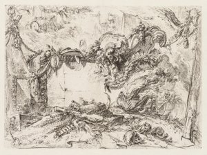 Groteschi: Rauniot kalloineen ja tupakoiva maljakko tekijältä Giovanni-Battista Piranesi