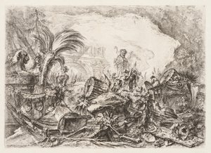 Groteschi: Rauniot, joissa on faunin patsas ja kaatunut pylväs tekijältä Giovanni-Battista Piranesi