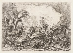 Groteschi: Rauniot, joissa on faunin patsas ja kaatunut pylväs, n. 1745-50. tekijältä Giovanni Battista Piranesi