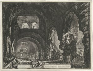 Interieur van de Tempel van Hercules Victor t ja Tivoli Sisäkuva Villa di Mecenaten (otsikko esineessä) Gezichten op Rome (sarjan nimi) Näkymät Roomaan suunnitellut ja kaivertanut Giambattista Piranesi arkkitehti Ve (nez) iano (sarjan nimi) tekijältä Giovanni Battista Piranesi