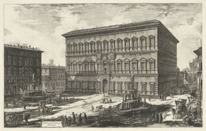 Farnesen palatsi Roomassa Näkymä Palazzo Farneselle (otsikko esineessä) Gezichten op Rome (sarjan nimi) Rooman näkymät piirtänyt ja kaivertanut Giambattista Piranesi arkkitehti Ve(nez)iano (sarjan nimi) tekijältä Giovanni Battista Piranesi