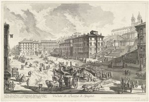 Espanjalaiset portaat Roomassa Näkymä Piazza di Spagnalle (otsikko esineessä) Gezichten op Rome (sarjan nimi) Näkymät Roomaan suunnitellut ja kaivertanut Giambattista Piranesi arkkitehti Ve (nez) iano (sarjan nimi) tekijältä Giovanni Battista Piranesi