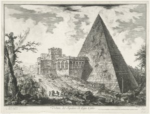 Piramide van Cestius te Rome Näkymä Cajo Castion haudalle (otsikko esineessä) Gezichten op Rome (sarjan nimi) Näkymät Roomaan suunnitellut ja kaivertanut Giambattista Piranesi arkkitehti Ve (nez) iano (sarjan nimi) tekijältä Giovanni-Battista Piranesi